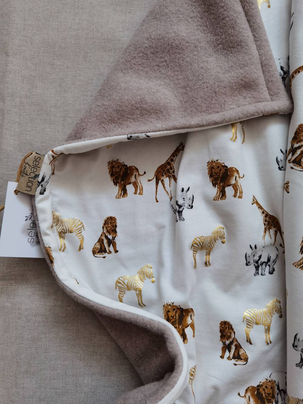 Selectionkreativ - Babydecke Jerseystoff mit Safaritieren und Bio Fleece in Beige