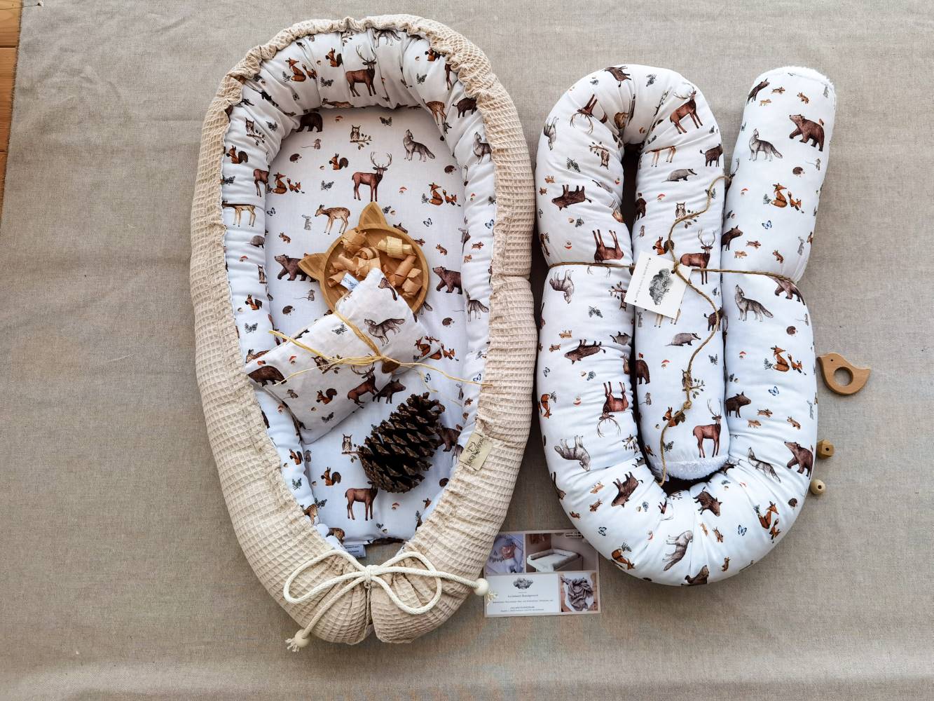 Selectionkreativ - Wildtier Set mit Bettschlange Babynestchen und Zirbenholzkissen 