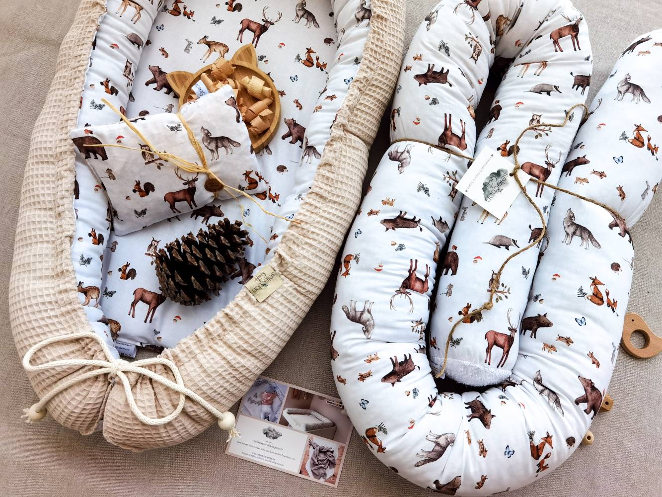 Selectionkreativ - Handmade Set mit Babynestchen und wunderschönem gut duftenden Zirbenkissen und einer Bettschlange Wildtiere 